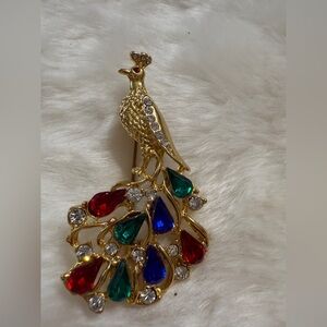 Gold Peacock Brooch with Colorful Gems